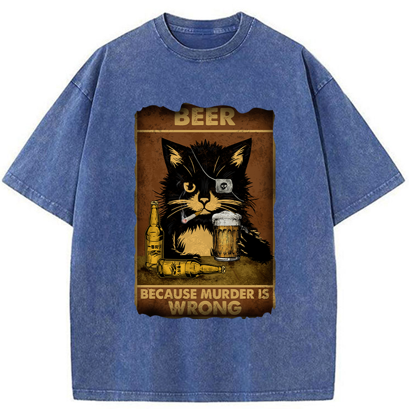 Tokyo-Tiger Black Cat Drinking Beer Washed T-Shirt