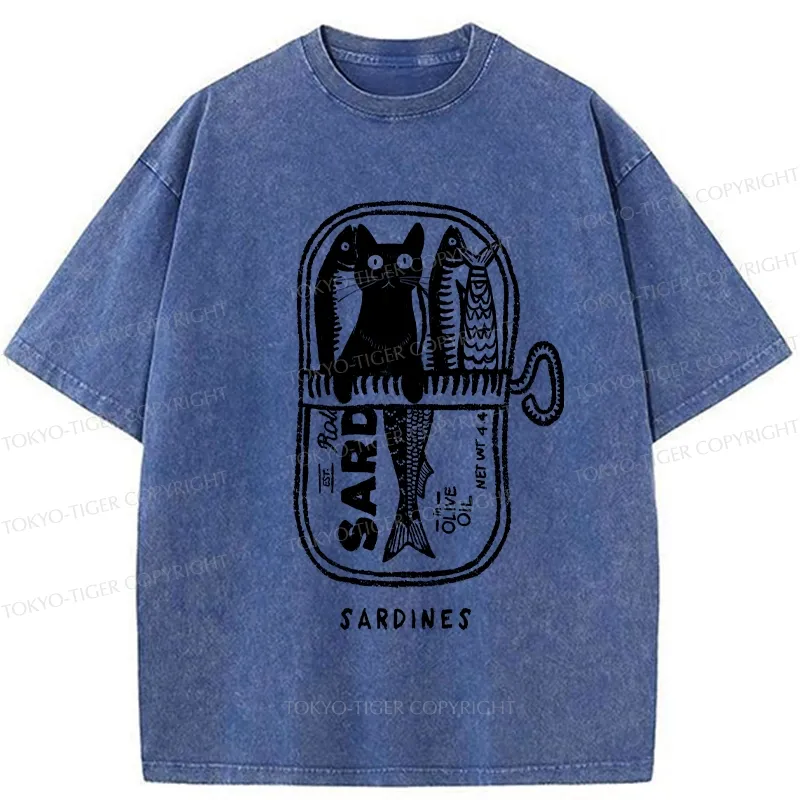 Tokyo-Tiger Cat Hiding In A Sardine Can Washed T-Shirt
