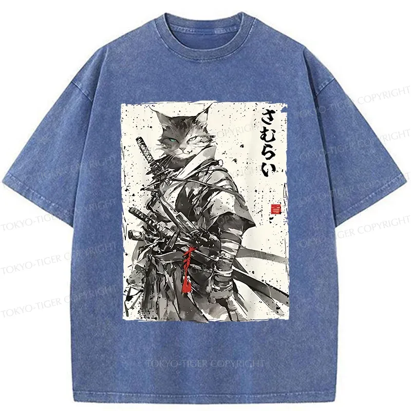 Tokyo-Tiger Retro Cat Samurai Washed T-Shirt