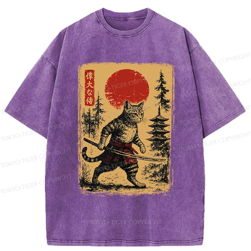 Tokyo-Tiger Stray Cat Samurai Washed T-Shirt