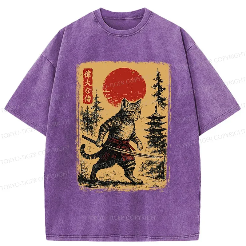Tokyo-Tiger Stray Cat Samurai Washed T-Shirt
