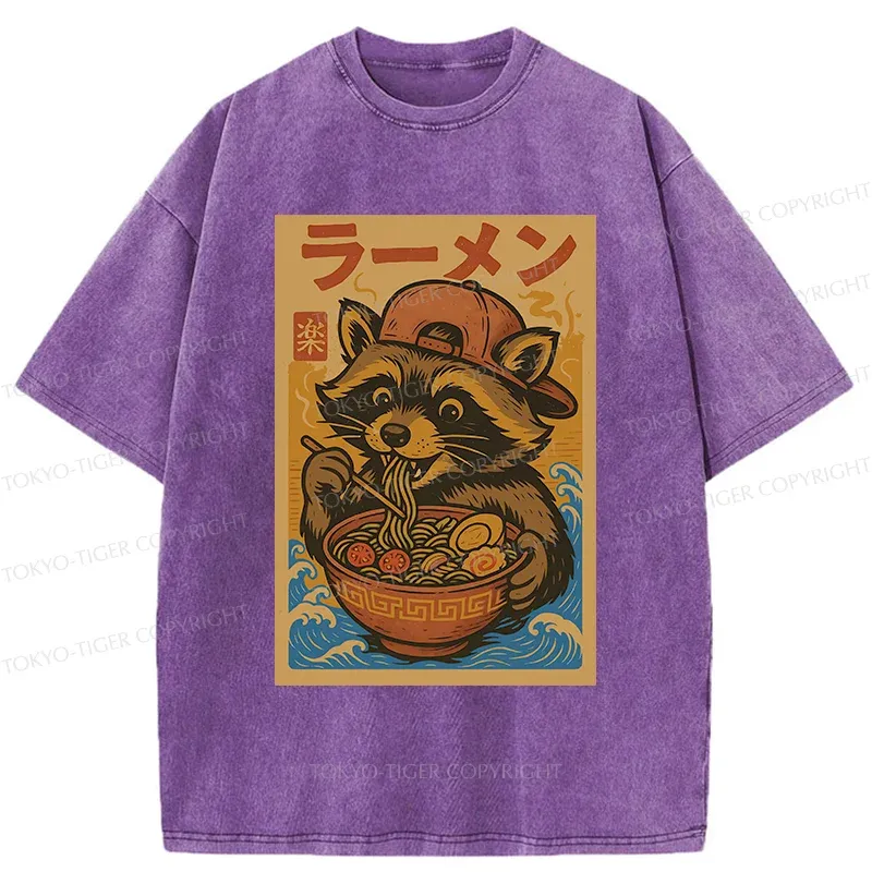 Tokyo-Tiger Cute Raccoon Eating Ramen Washed T-Shirt