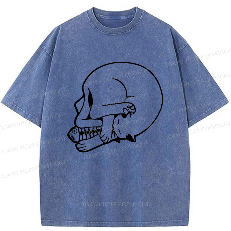 Tokyo-Tiger Funny Cat Eating Fish Washed T-Shirt
