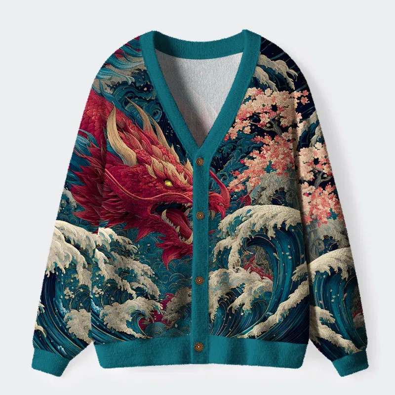 Tokyo-Tiger Red Dragon Ukiyo-e Ugly Cardigan Sweater