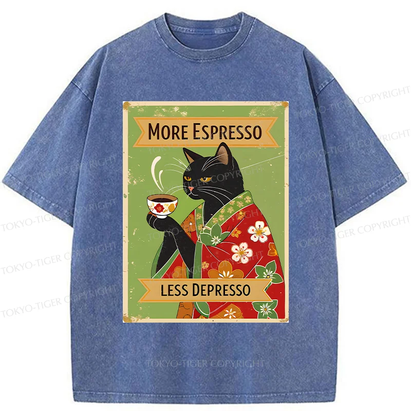 Tokyo-Tiger Cute Black Cat Drinking Coffee Washed T-Shirt