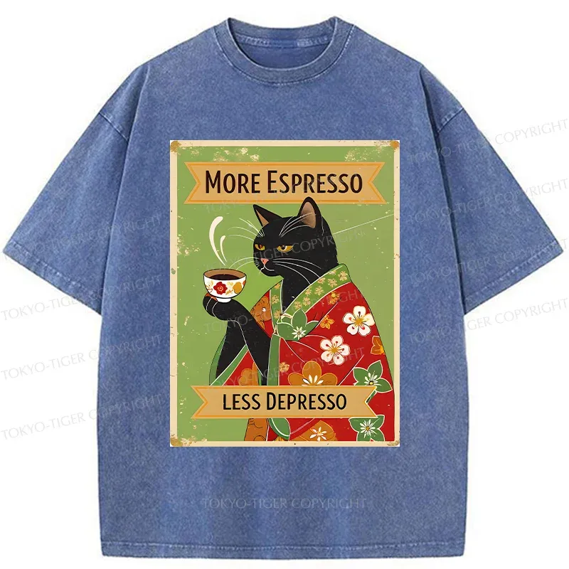 Tokyo-Tiger Cute Black Cat Drinking Coffee Washed T-Shirt