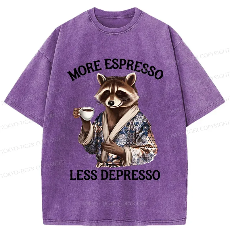 Tokyo-Tiger Raccoon Drinking Coffee Washed T-Shirt