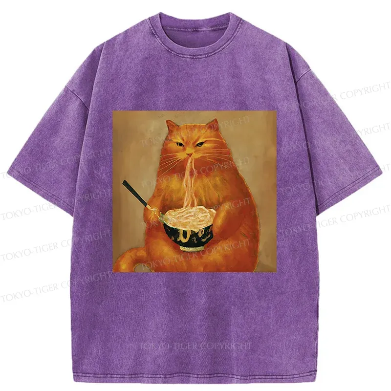 Tokyo-Tiger Cat Eating Ramen Japanese Retro Washed T-Shirt