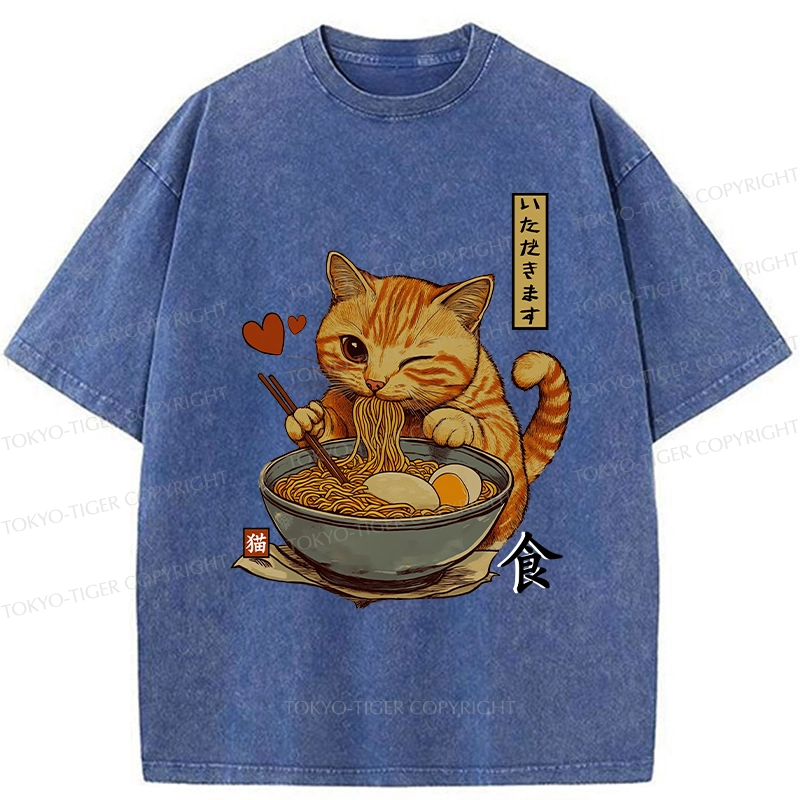 Tokyo-Tiger Cat Enjoying Eating Ramen Washed T-Shirt