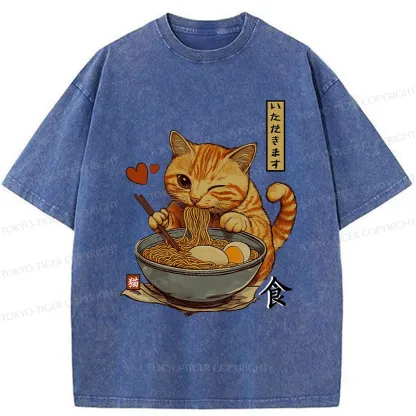 Tokyo-Tiger Cat Enjoying Eating Ramen Washed T-Shirt