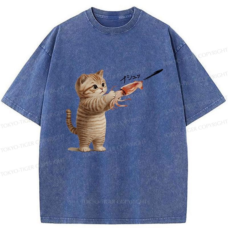 Tokyo-Tiger Funny Cat Shoots Squid Ink Washed T-Shirt