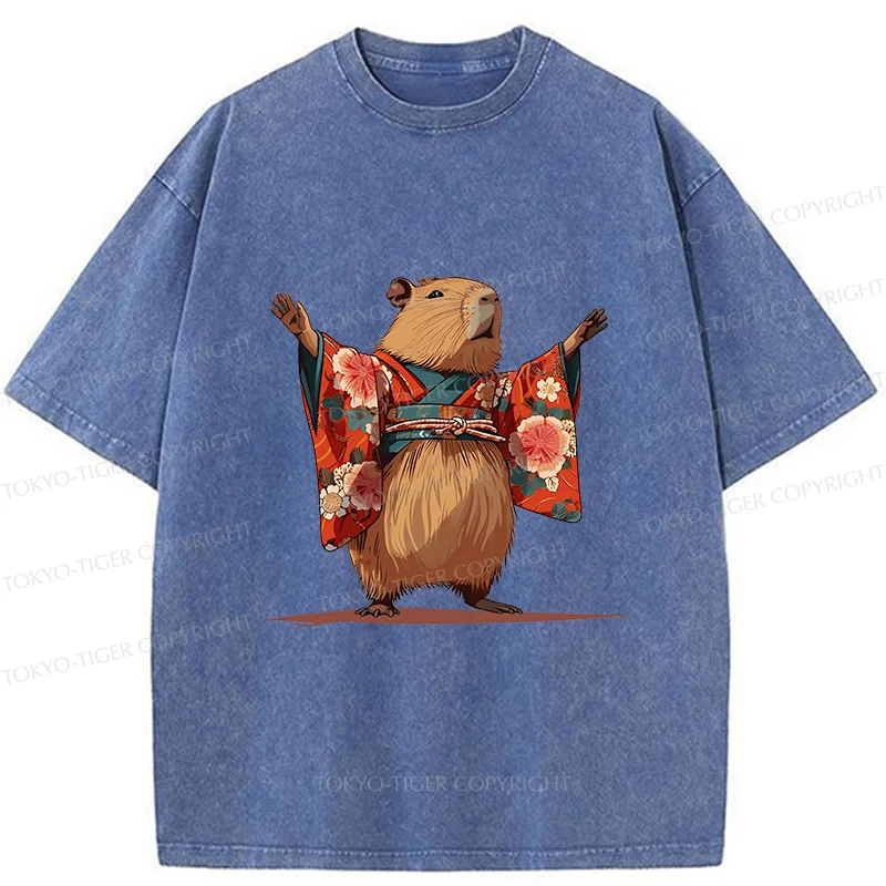 Tokyo-Tiger Capybara In Kimono Washed T-Shirt