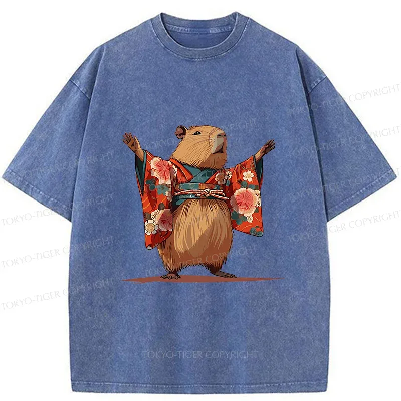 Tokyo-Tiger Capybara In Kimono Washed T-Shirt