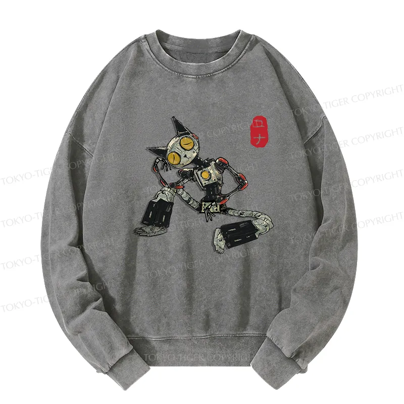 Tokyo-Tiger Contemplative Robot Cat Washed Sweatshirt