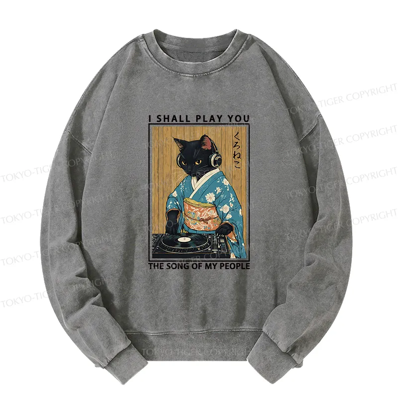 Tokyo-Tiger Funny Playing Music Black Cat Washed Sweatshirt