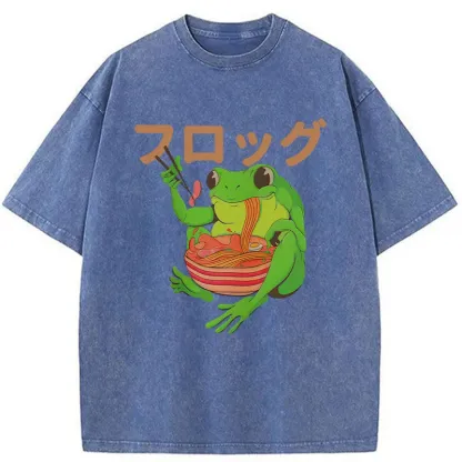 Tokyo-Tiger Frog Eating Ramen Japan Washed T-Shirt