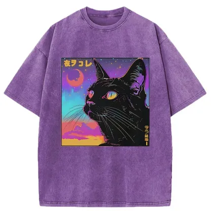 Tokyo-Tiger Cat Under The Stars Washed T-Shirt