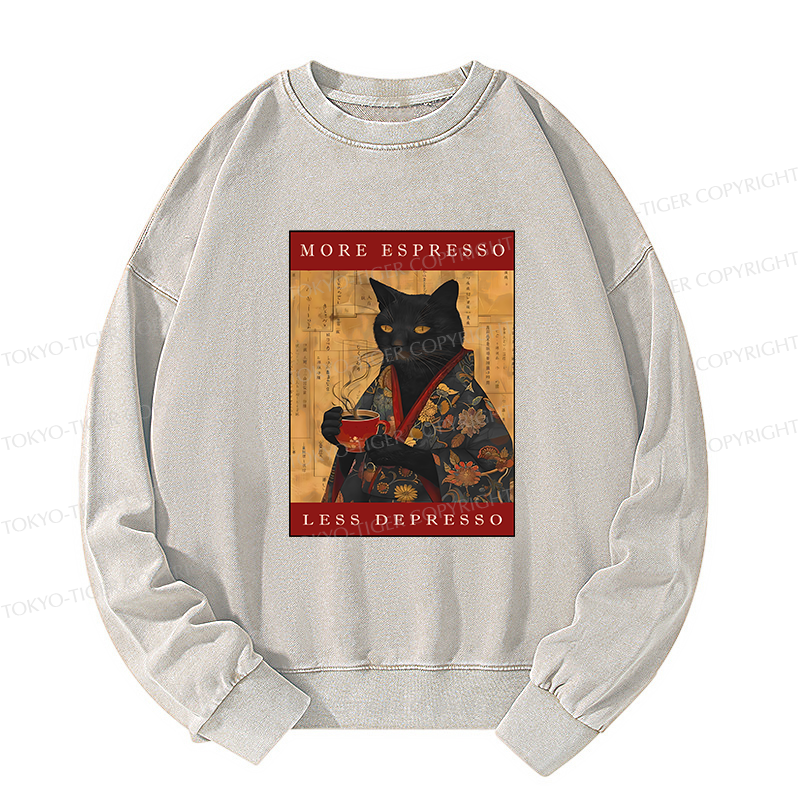 Tokyo-Tiger More Espresso Less Depresso Cat Washed Sweatshirt