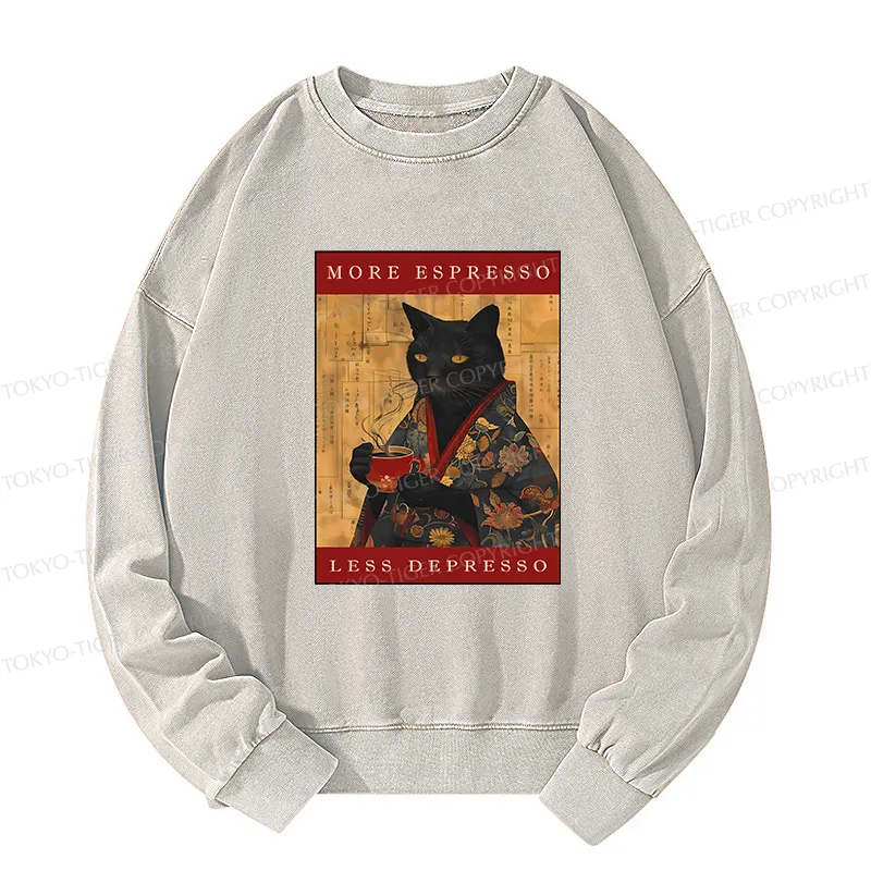 Tokyo-Tiger More Espresso Less Depresso Cat Washed Sweatshirt