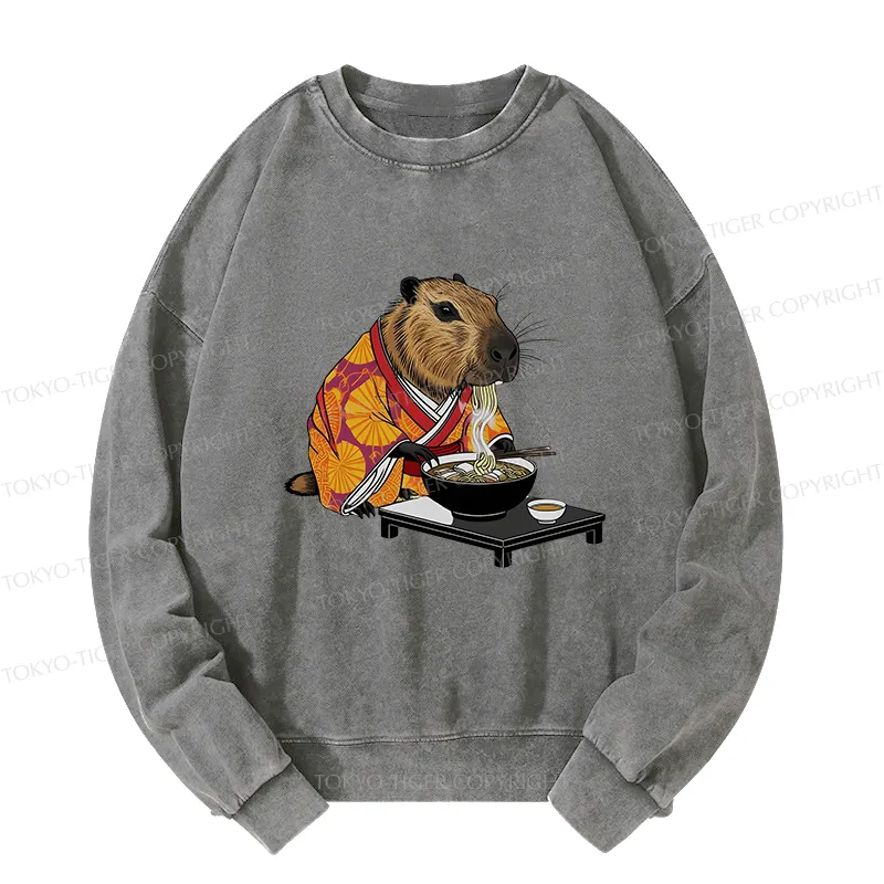 Tokyo-Tiger Cute Capybara Eating Ramen Washed Sweatshirt