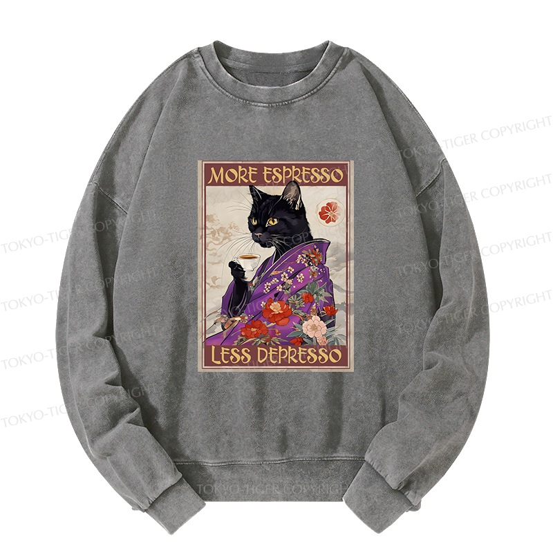 Tokyo-Tiger Japanese Cat Drinking Coffee Washed Sweatshirt