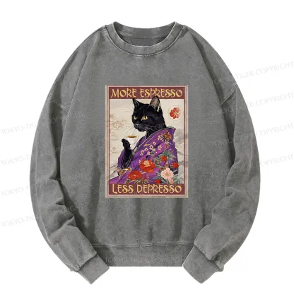 Tokyo-Tiger Japanese Cat Drinking Coffee Washed Sweatshirt