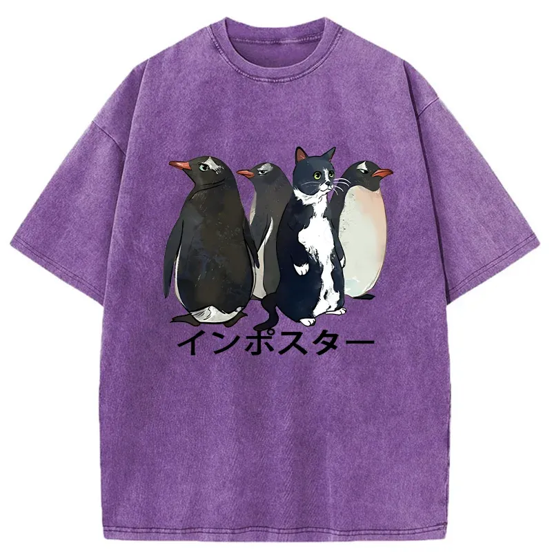 Tokyo-Tiger Imposter Among Penguins Washed T-Shirt