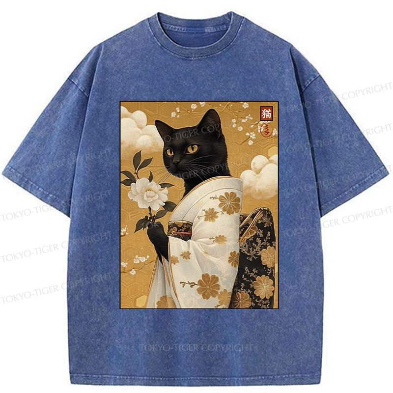Tokyo-Tiger Retro Black Cat Holding A Flower Washed T-Shirt