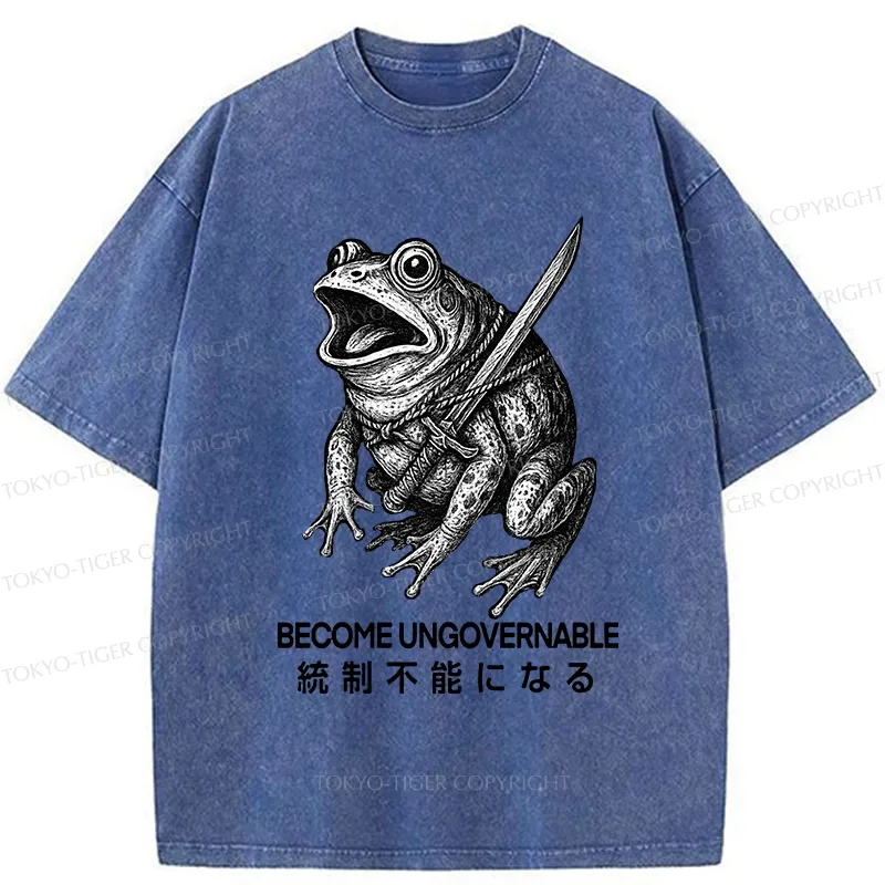 Tokyo-Tiger Frog Carrying A Samurai Sword Washed T-Shirt