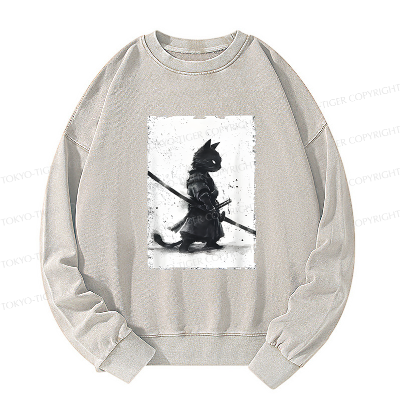 Tokyo-Tiger Retro Cat Samurai Japanese Washed Sweatshirt