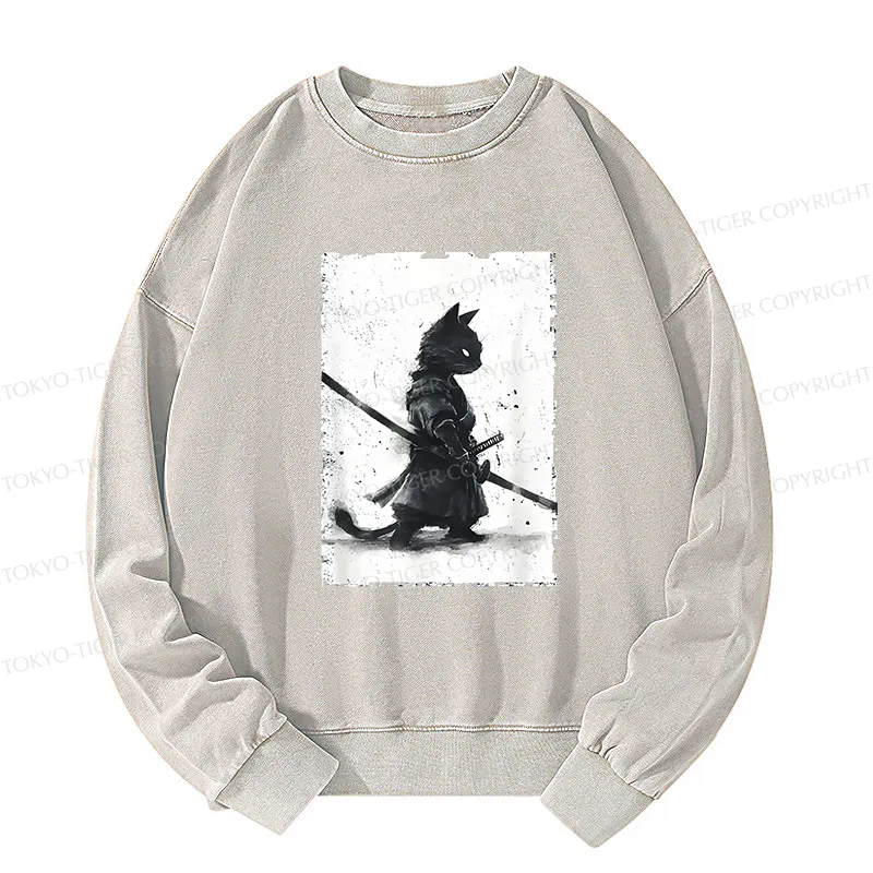 Tokyo-Tiger Retro Cat Samurai Japanese Washed Sweatshirt