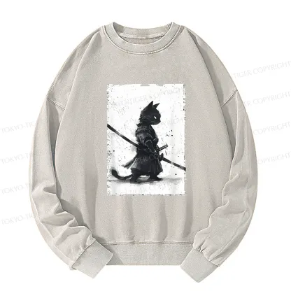 Tokyo-Tiger Retro Cat Samurai Japanese Washed Sweatshirt