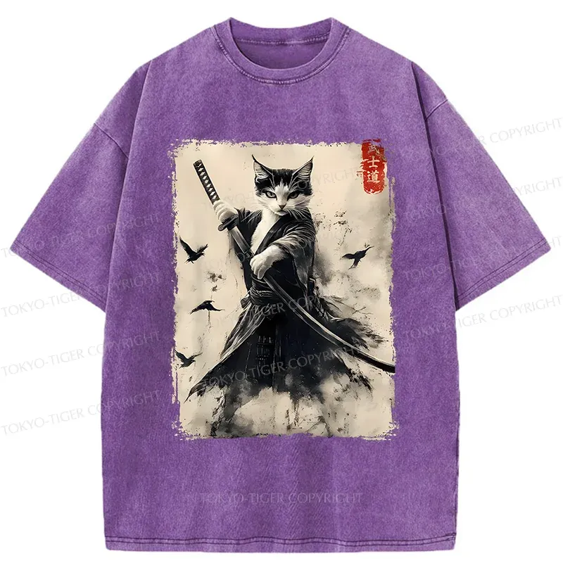 Tokyo-Tiger Retro Cat Samurai Poster Washed T-Shirt