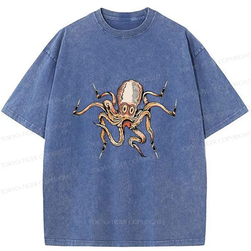 Tokyo-Tiger Octopus With Knife Washed T-Shirt