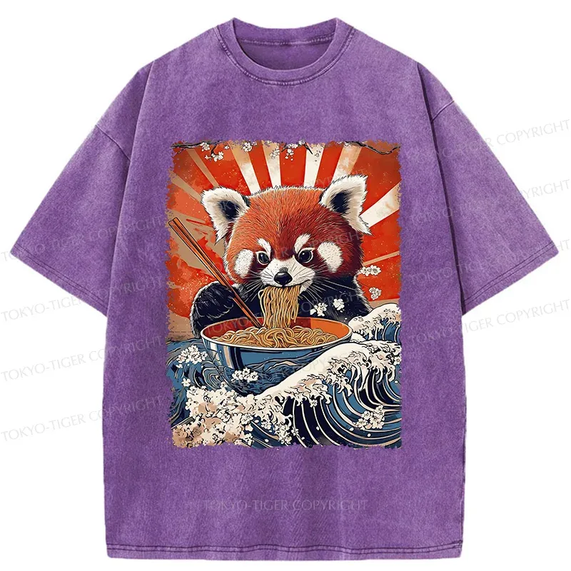 Tokyo-Tiger Red Panda Eating Ramen Washed T-Shirt