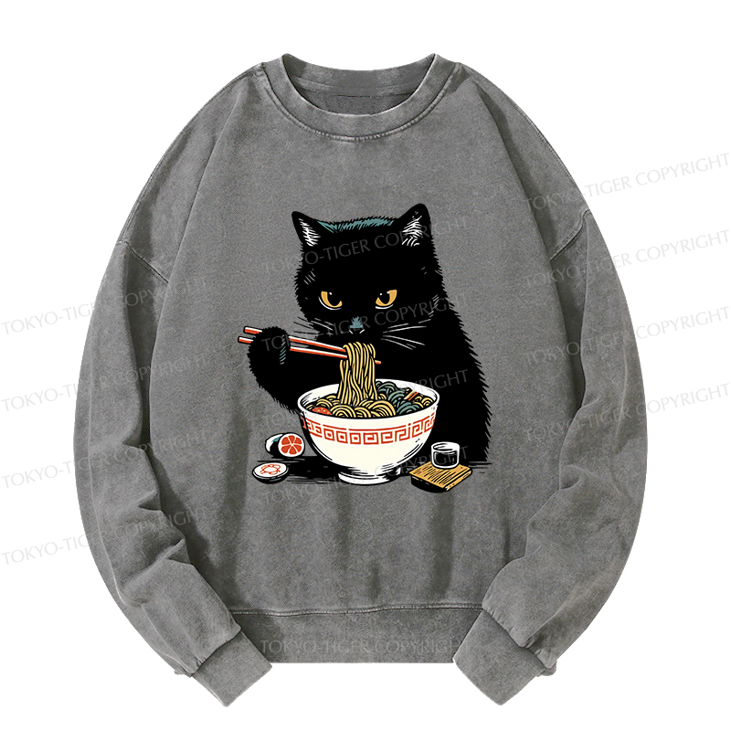 Tokyo-Tiger Cat Eating Favorite Ramen Washed Sweatshirt