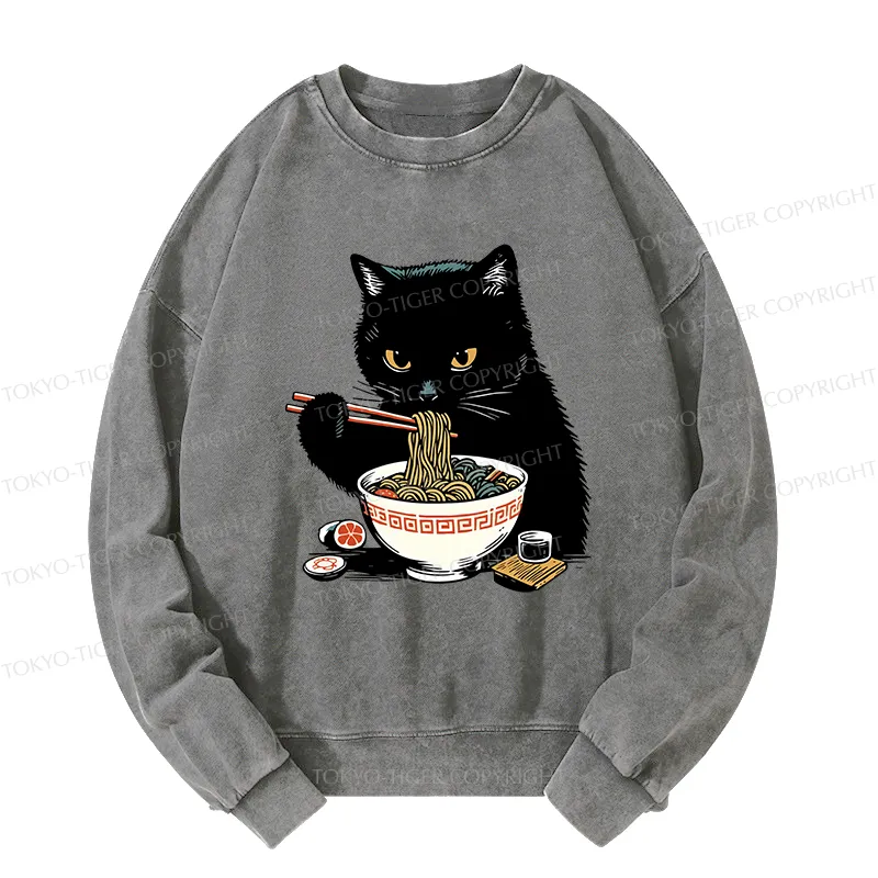 Tokyo-Tiger Cat Eating Favorite Ramen Washed Sweatshirt