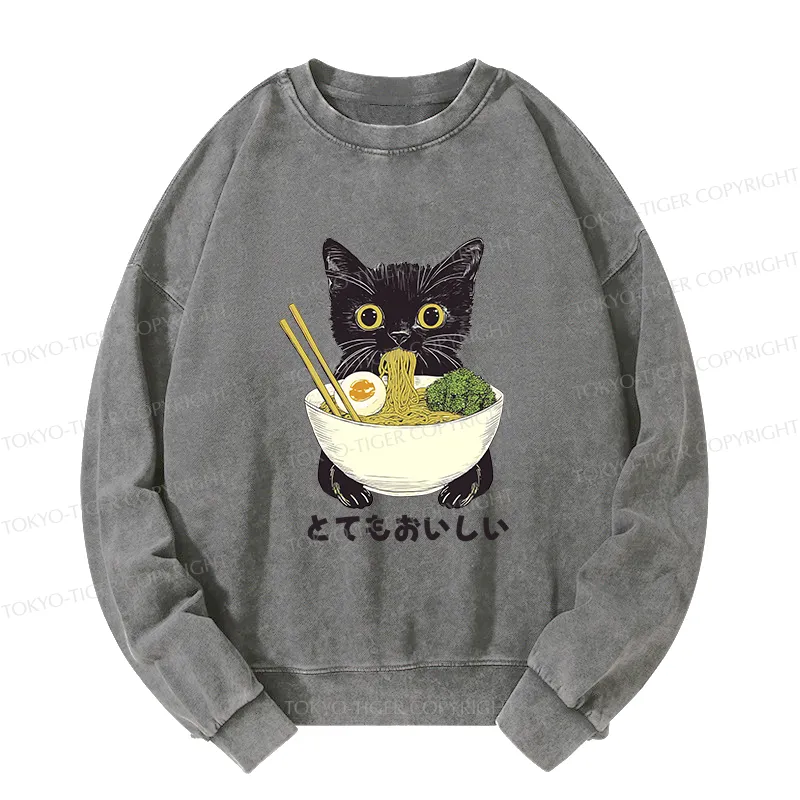 Tokyo-Tiger Ramen Lover Cute Cat Washed Sweatshirt