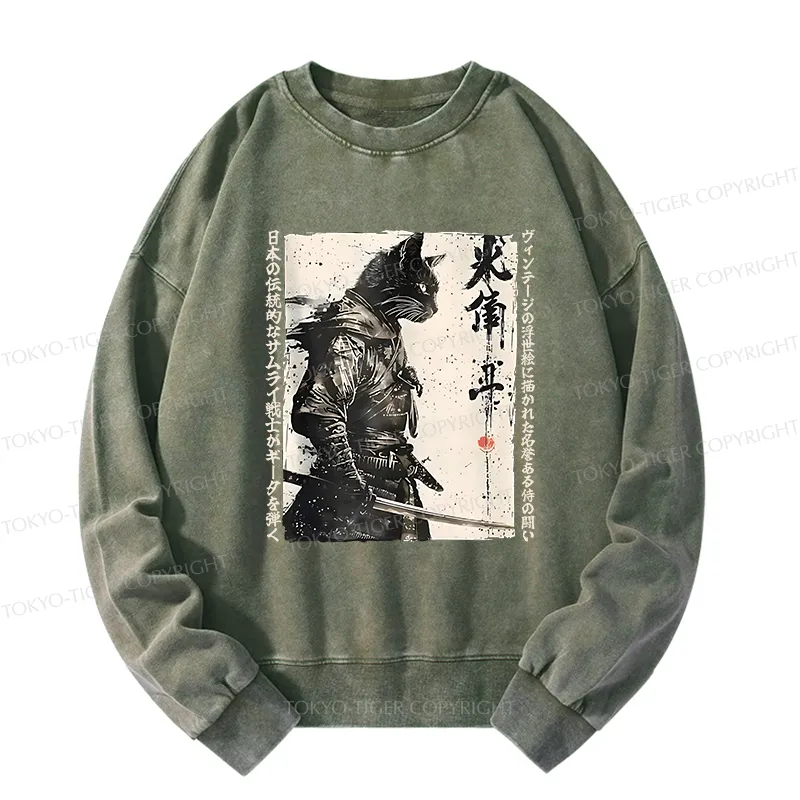 Tokyo-Tiger Cat Samurai Retro Washed Sweatshirt