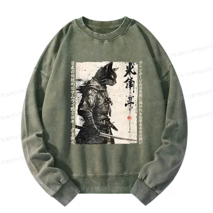 Tokyo-Tiger Cat Samurai Retro Washed Sweatshirt