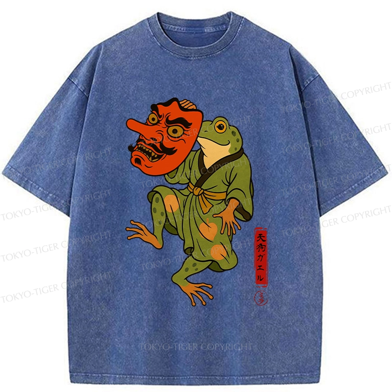 Tokyo-Tiger Frog Holding A Tengu Mask Washed T-Shirt