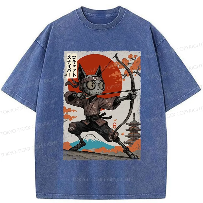 Tokyo-Tiger Japanese Robot Cat Archery Washed T-Shirt