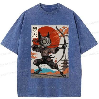 Tokyo-Tiger Japanese Robot Cat Archery Washed T-Shirt