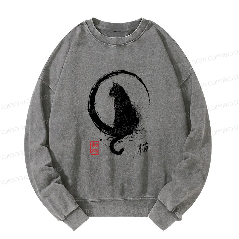 Tokyo-Tiger Retro Japanese Black Cat Washed Sweatshirt