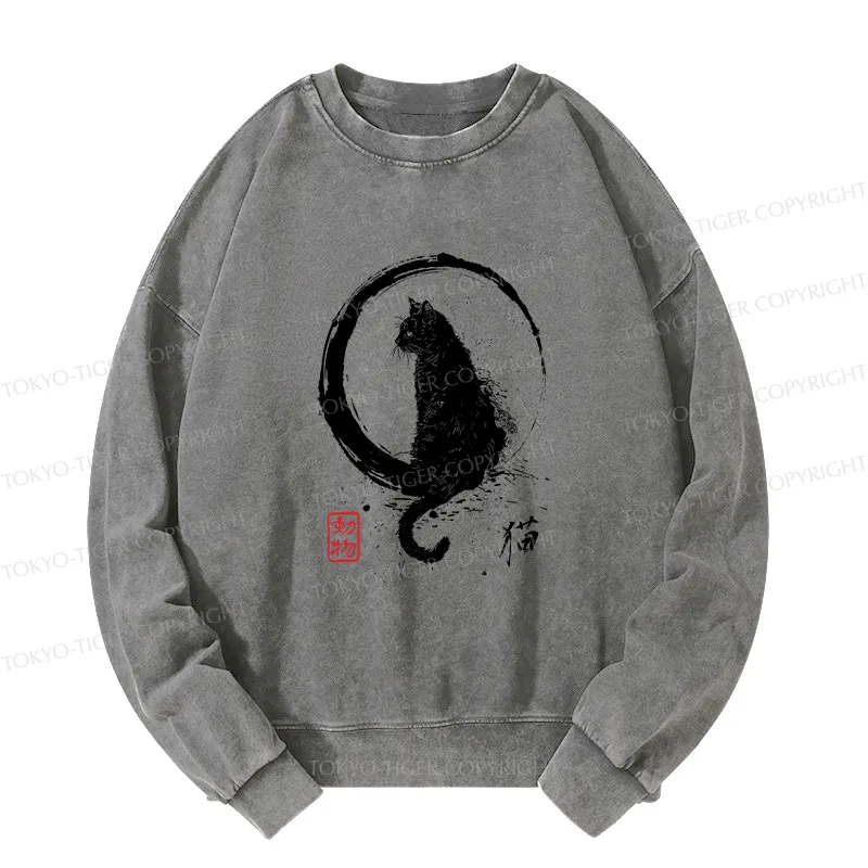 Tokyo-Tiger Retro Japanese Black Cat Washed Sweatshirt