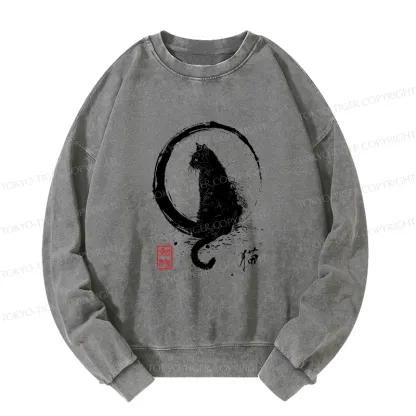 Tokyo-Tiger Retro Japanese Black Cat Washed Sweatshirt