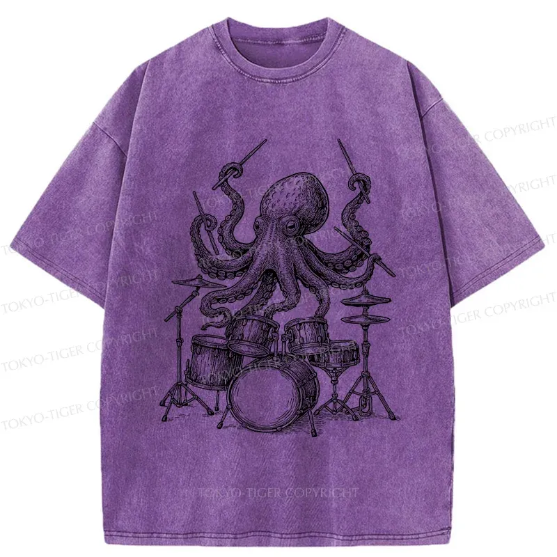 Tokyo-Tiger Octopus Drummer Washed T-Shirt