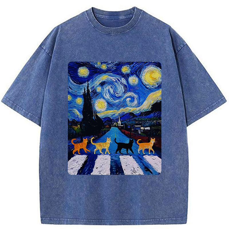 Tokyo-Tiger Starry Night Cat Washed T-Shirt