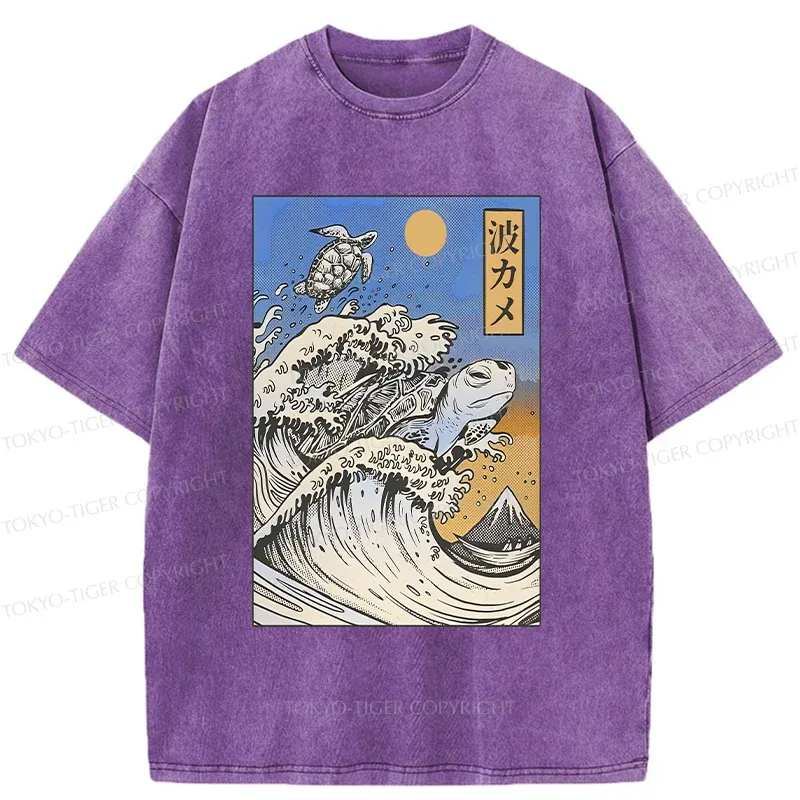 Tokyo-Tiger Surfing Turtle Washed T-Shirt