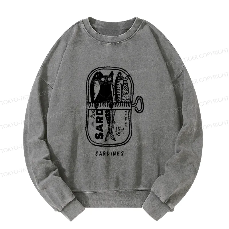 Tokyo-Tiger Cat Hiding In A Sardine Can Washed Sweatshirt